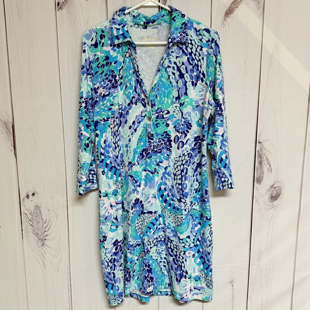 Lilly Pulitzer Ansley‎ Polo Dress Women’s Large Turquoise Oasis UPF 50+ EUC